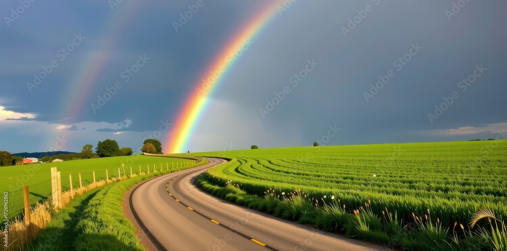 Obraz premium Vibrant rainbow arches over a tranquil country road winding through a lush green field, bathed in sunlight, spring, colors