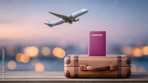 Passport + travel docs atop suitcase, airplane ascending in soft golden blur