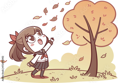 Magical school girl with autumn leaves – anime vector
