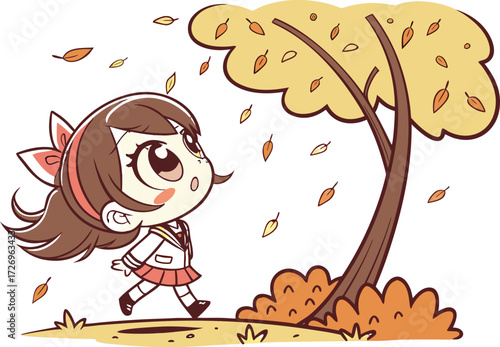 Magical school girl with autumn leaves – anime vector