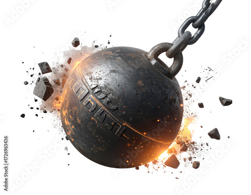 Massive Steel Wrecking Ball with Cracks and Dust Cloud Transparent PNG