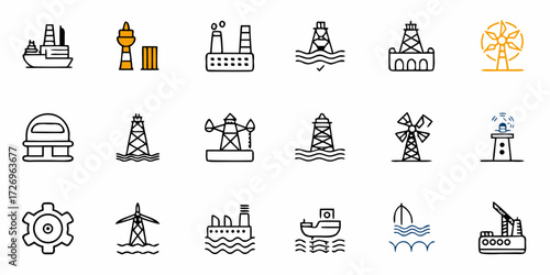 Icon set featuring industrial and maritime elements