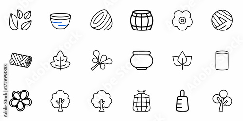 Line art icon set with natural and container elements