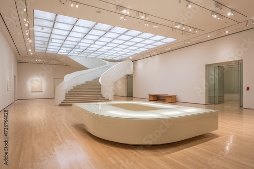 Modern art museum interior showcasing a sweeping staircase and a curved display case against a backdrop of light beige hardwood flooring.