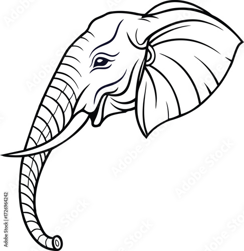 Majestic elephant head profile with striking tusks and expressive eye, conveying strength and wisdom for wildlife and conservation themes.