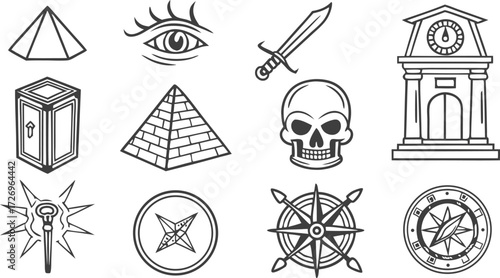Mysterious ancient symbols and artifacts collection for occult and historical design projects offering a sense of intrigue and discovery