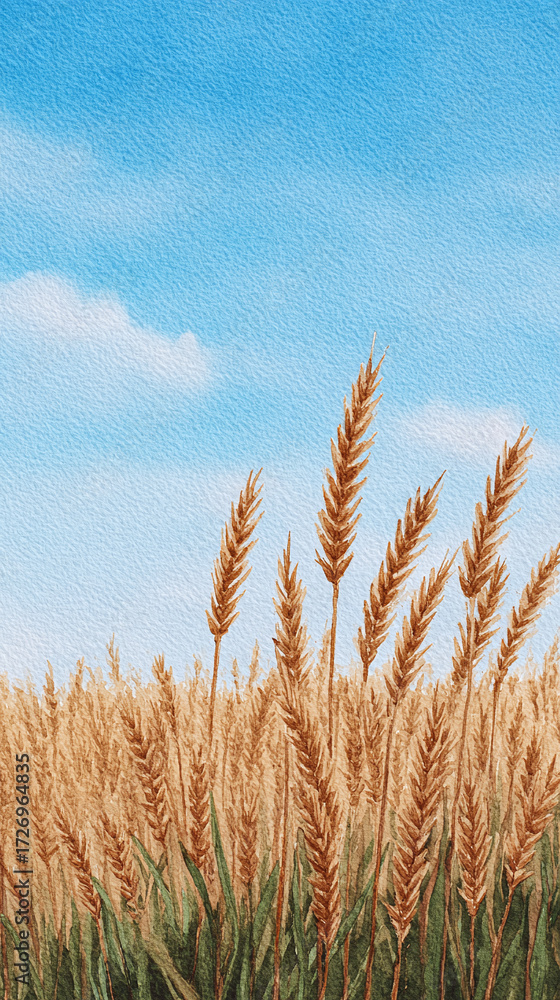 Fototapeta premium A Tranquil Golden Wheat Field Under a Clear Blue Sky: A Beautiful Watercolor Landscape Evoking Serenity and Nature's Abundance