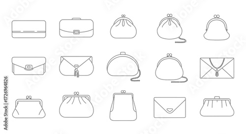 Stylish Handbags Display, Fashion Accessories, Modern Boutique, Line Art, Minimalist Design, Close-Up View, Trendy Aesthetics