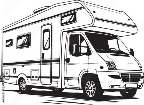 Wallpaper Mural Camper Van Holiday Vacation Summer Travel Hand-drawn Vector Illustration, Sketch Drawing Doodle Line Linear Symbol Icon Engraving Coloring Book, Black and White Isolated Torontodigital.ca