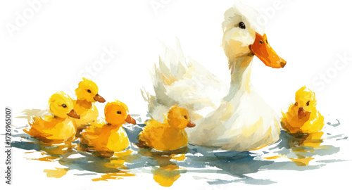 A mother duck with her ducklings in the water, simple children's book illustration style, 