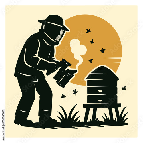 Beekeeper Working at Beehive — Honey Production, Agriculture Silhouette Vector