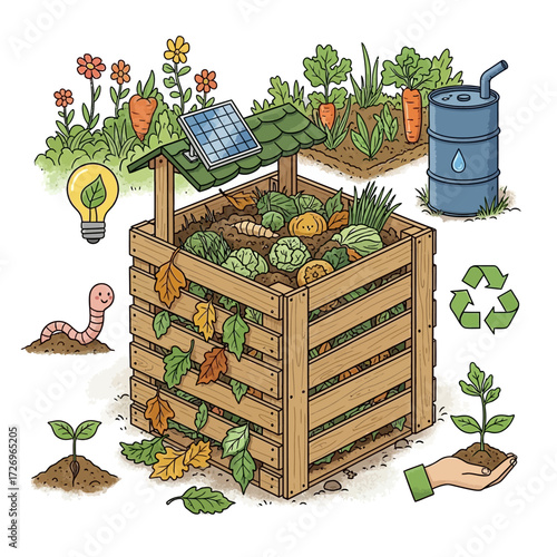 Sustainable composting system with solar power and thriving garden nourishes earth for future growth