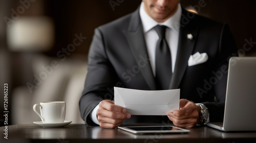 Tailored suit professional checks papers for stamp, sleek desk with laptop, mug, and tablet