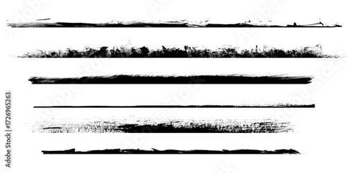 Four grunge brush stroke lines isolated on transparent background, abstract artistic elements for design