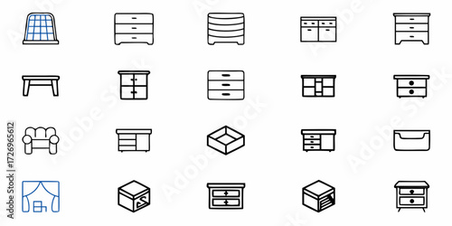 Furniture icon set: dressers, tables, and seating