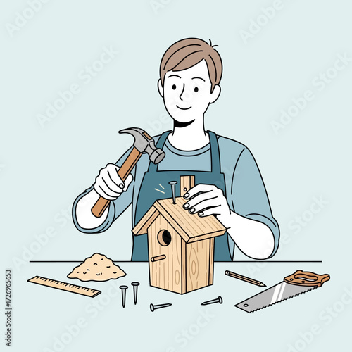 Creative craftsman happily building a charming wooden birdhouse with hammer and nails, surrounded by tools and materials for DIY project