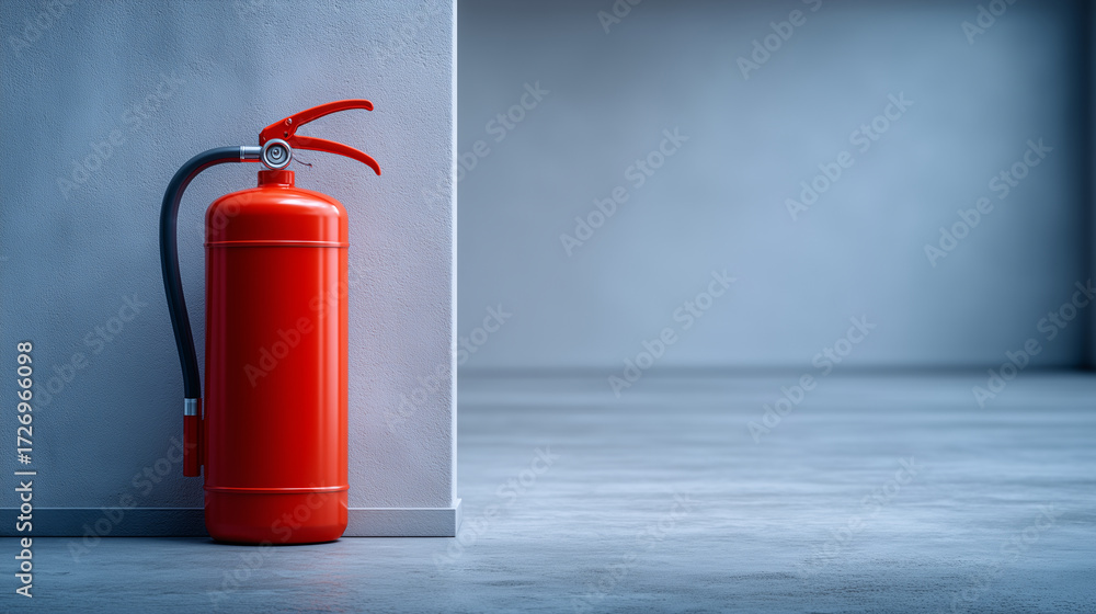 Fototapeta premium Bright red fire extinguisher in cabinet, white wall corridor, illuminated softly, focus on emergency preparedness