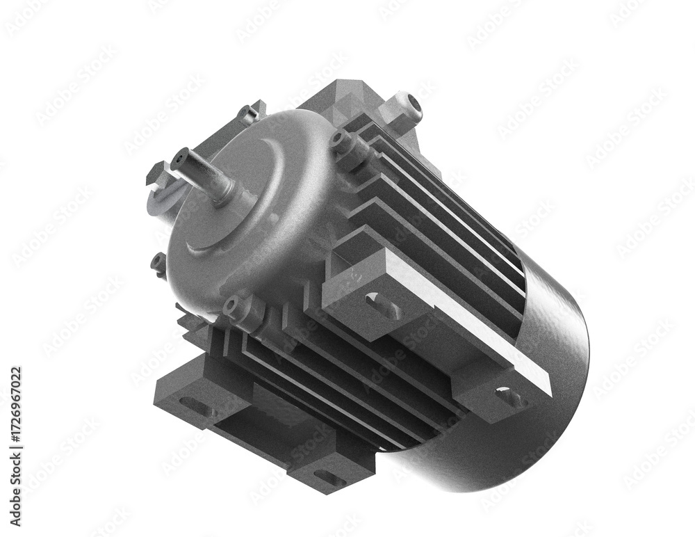 Naklejka premium Silver Metallic Industrial AC Motor Isolated View: Essential Heavy Equipment for Factory Production Lines and Automation, High-Resolution 3D Illustration on Transparent Background.