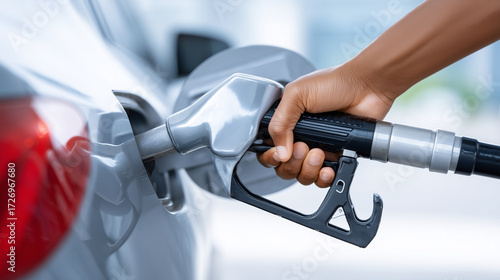 Close view of fueling, hand gripping nozzle, metallic car tank shining, ambient background out of focus