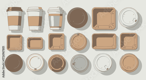 Coffee Cup and Container Collection, Abstract Design, Studio Setting, Illustration, Minimalist View, Environmental Awareness