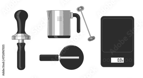 Coffee Preparation Tools, Barista Equipment, Home Kitchen, Illustration, Modern Design, Top View, Brewing Concept