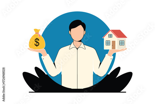 Man Balancing Money Bag and House