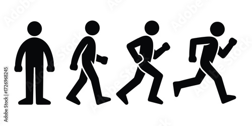 Stick figure icons showcase progress from standing to running, illustrating movement, growth, and dynamism for business presentations or infographics