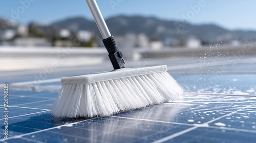 Close-up hand cleaning solar panel with brush, water droplets glistening, sunlight reflecting, outdoor maintenance