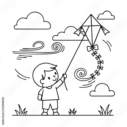 A joyful child holding a colorful kite against a backdrop of swirling clouds and gentle winds in a playful scene.