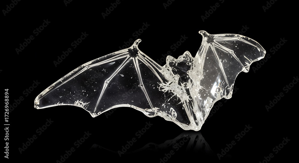Naklejka premium Exquisite Clear Glass Bat Sculpture Isolated on Black Background, Translucent Crystal Art, Reflective Detail