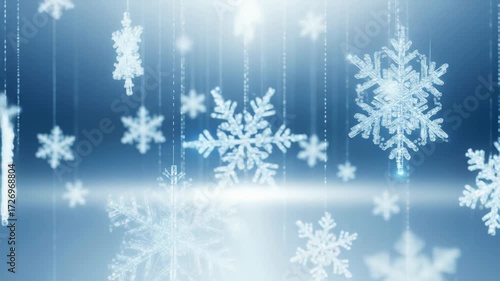 Stylized 3d animation of elegant rotating crystal snowflakes hanging on a bright blue festive background
