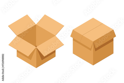 Unboxing opportunity, two cardboard boxes for product delivery or storage, brown containers ready to ship, open and closed for business needs