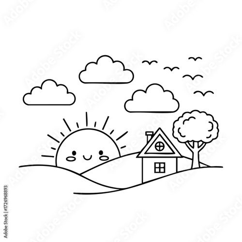 A cheerful sun rises behind rolling hills, illuminating a quaint house and a tree under a clear sky with clouds.