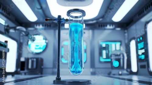 Stylized 3d animation of a chemical reaction in a test tube with glowing blue liquid inside a futuristic science laboratory
