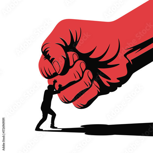 Courageous individual resisting overwhelming force, symbolizing resilience, struggle, and overcoming adversity in a dynamic illustration