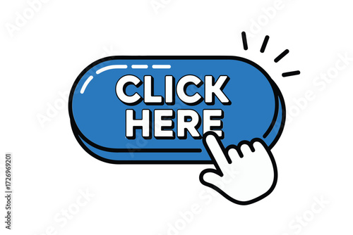 Modern blue click here button with hand pointer, perfect for website calls to action, easy to use, and enticing users to engage with your content