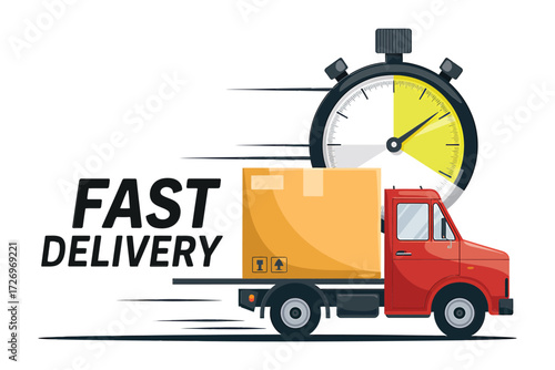 Fast delivery truck speeding with stopwatch, conveying urgent shipping, express service, and timely logistics for e-commerce businesses