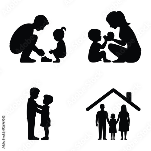 Diverse family relationship icons representing parenting love support and home life