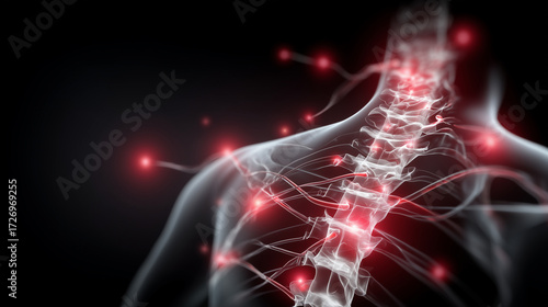 Modern medical vector of spine, glowing red pressure points, labeled vertebrae and nerves, injury and therapy concept
