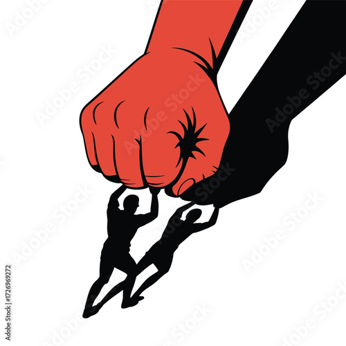 Powerful red fist dominating two small figures struggling, symbolizing conflict, control, and oppression in a stark, graphic style