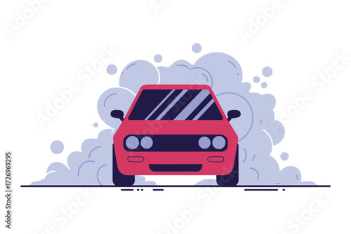 Stylish red sports car emerging from clouds of smoke, dynamic and modern, perfect for automotive design projects or branding