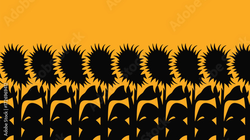 Bold sunflower silhouette pattern against vibrant golden backdrop for modern fall designs and creative projects, ideal for textiles and backgrounds
