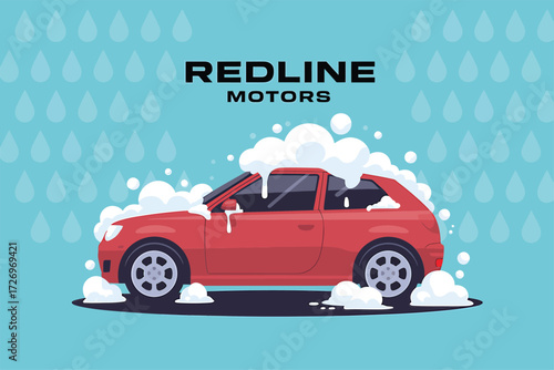 Red sports car getting a luxurious car wash with foamy suds, perfect for automotive advertising and detailing services