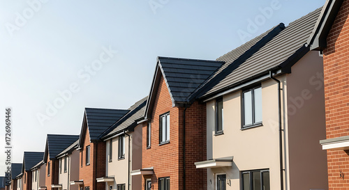 Row of newly built modern terraced houses with red brick and render facades under a clear blue sky in daytime