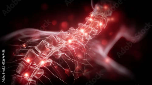 Anatomical spine graphic, glowing red pressure spots, labeled vertebrae and nerves, treatment and injury visualization