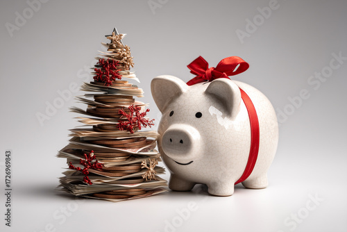 A Christmas tree made of coins and paper money next to a piggy bank with a red ribbon
