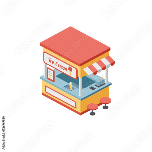 Brightly equipped ice cream stand with round chairs for customers, top view

