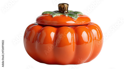 Pumpkin-shaped ceramic candy jar, isolated on transparent background 