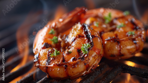 Grilled shrimp with paprika, flames beneath grate, curling smoke, warm sunlight highlighting colors