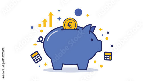Piggy bank with coin and finance icons representing savings, budgeting, and growth